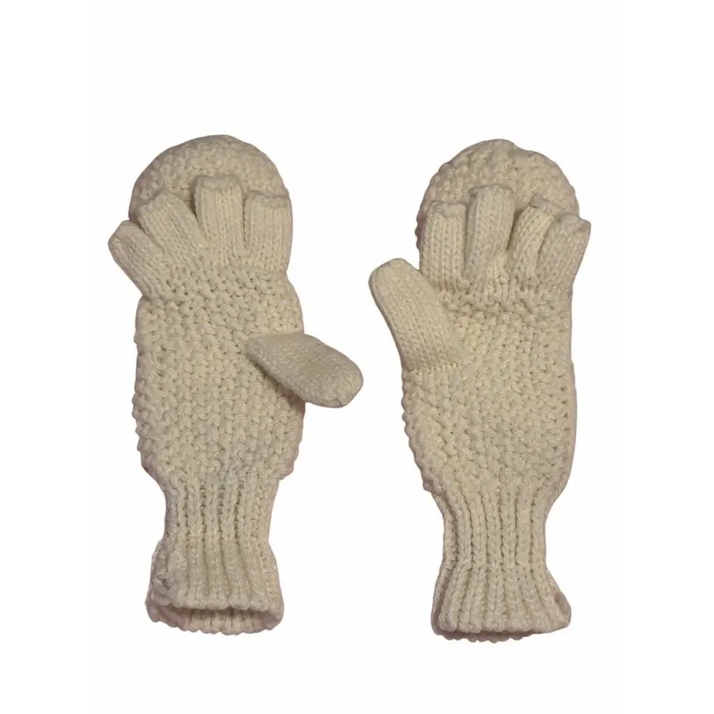 Women's White Solid Fuzzy Hand Knit Bird Mitten Gloves